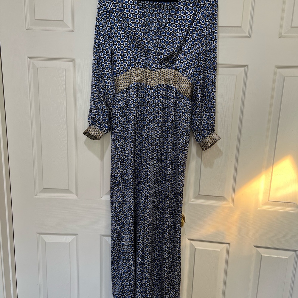 ZARA GEOMETRIC PRINT  Long Sleeves V Neck Open Back Scarf JUMPSUIT Lightweight M - Picture 7 of 11